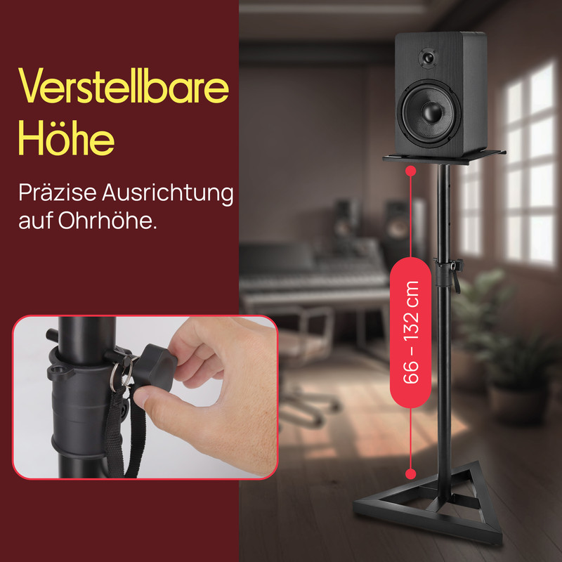 Ein schwarzer Lautsprecherständer mit einem Lautsprecher, höhenverstellbar von 66-132 cm.
