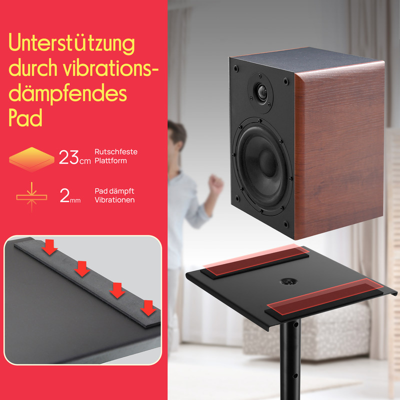 Lautsprecher auf Ständer mit Vibrationsdämpfungspads. Text links zeigt Maße.