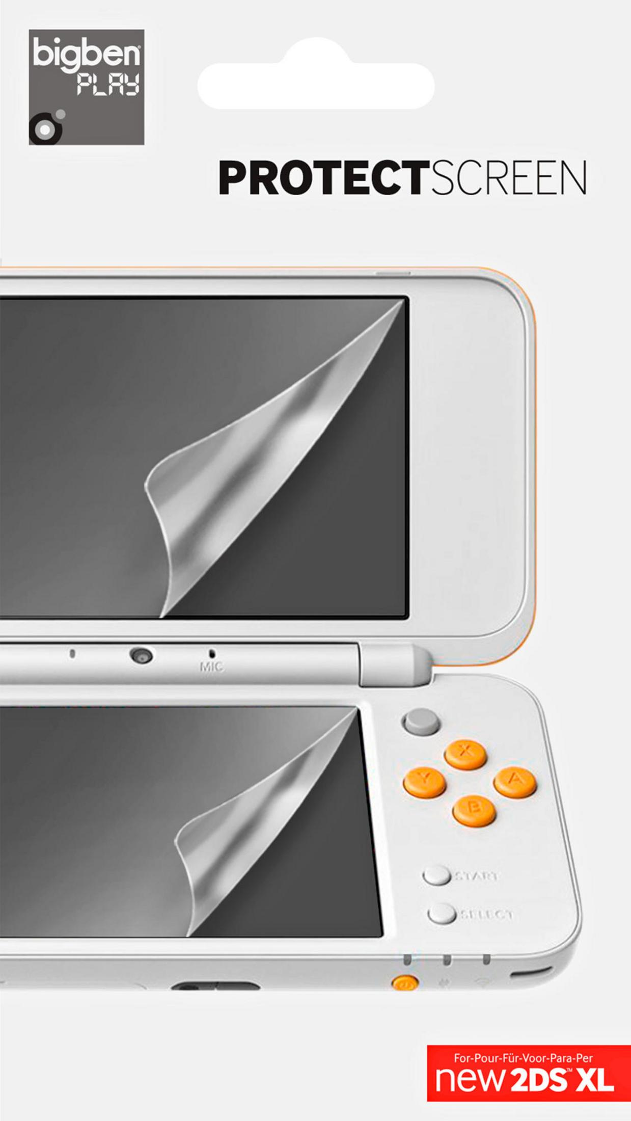 Nintendo 2DS XL bianca con protezione schermo applicata. Logo BigBen.