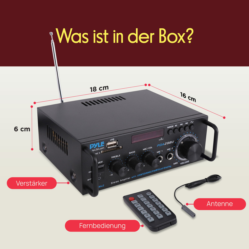Ein schwarzer Stereo-Verstärker mit Antenne, Fernbedienung und Messungen.