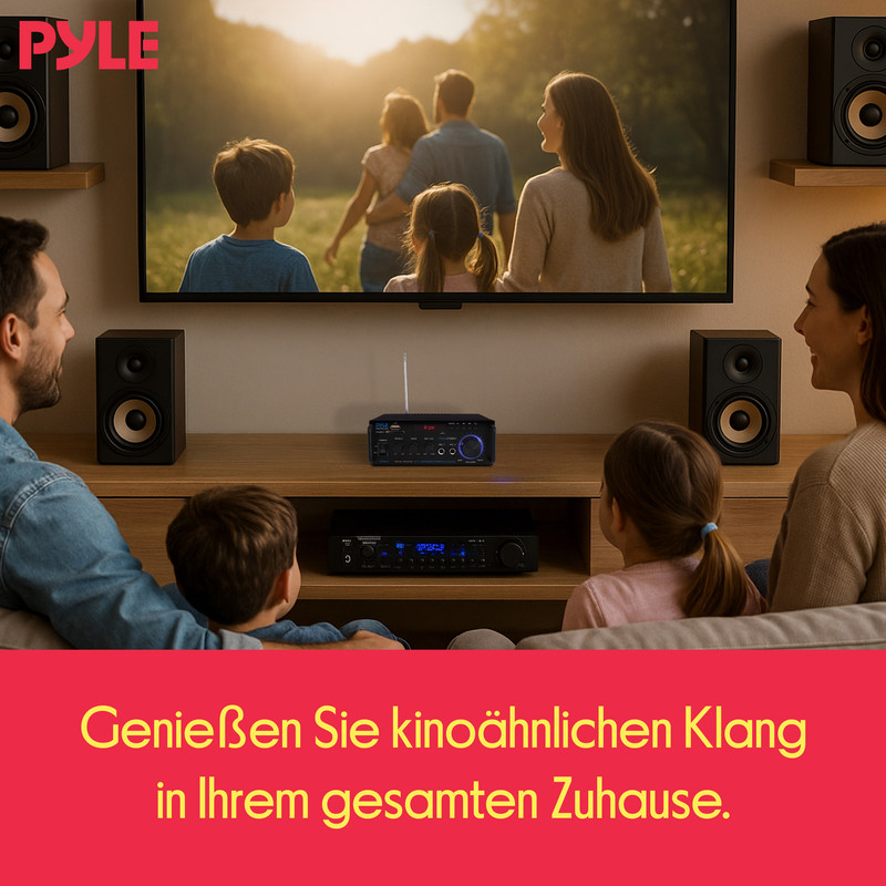 Familie schaut Fernsehen, Pyle-Logo oben links, Verstärker auf dem Regal.