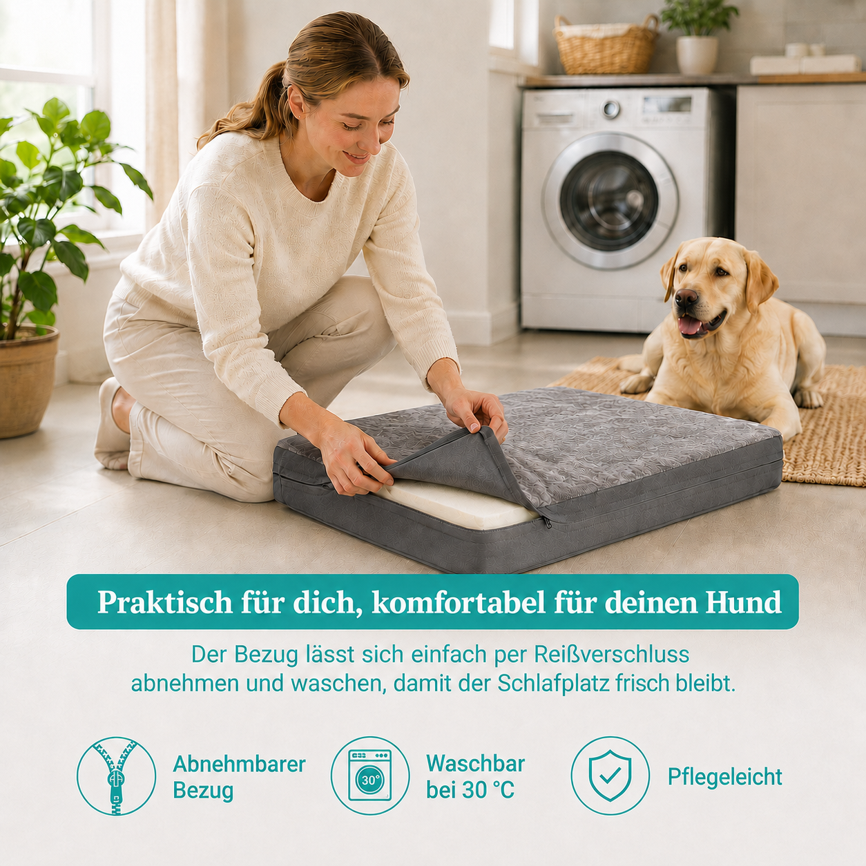 Frau zeigt Hundebett mit abnehmbarem Bezug, Hund liegt im Hintergrund.