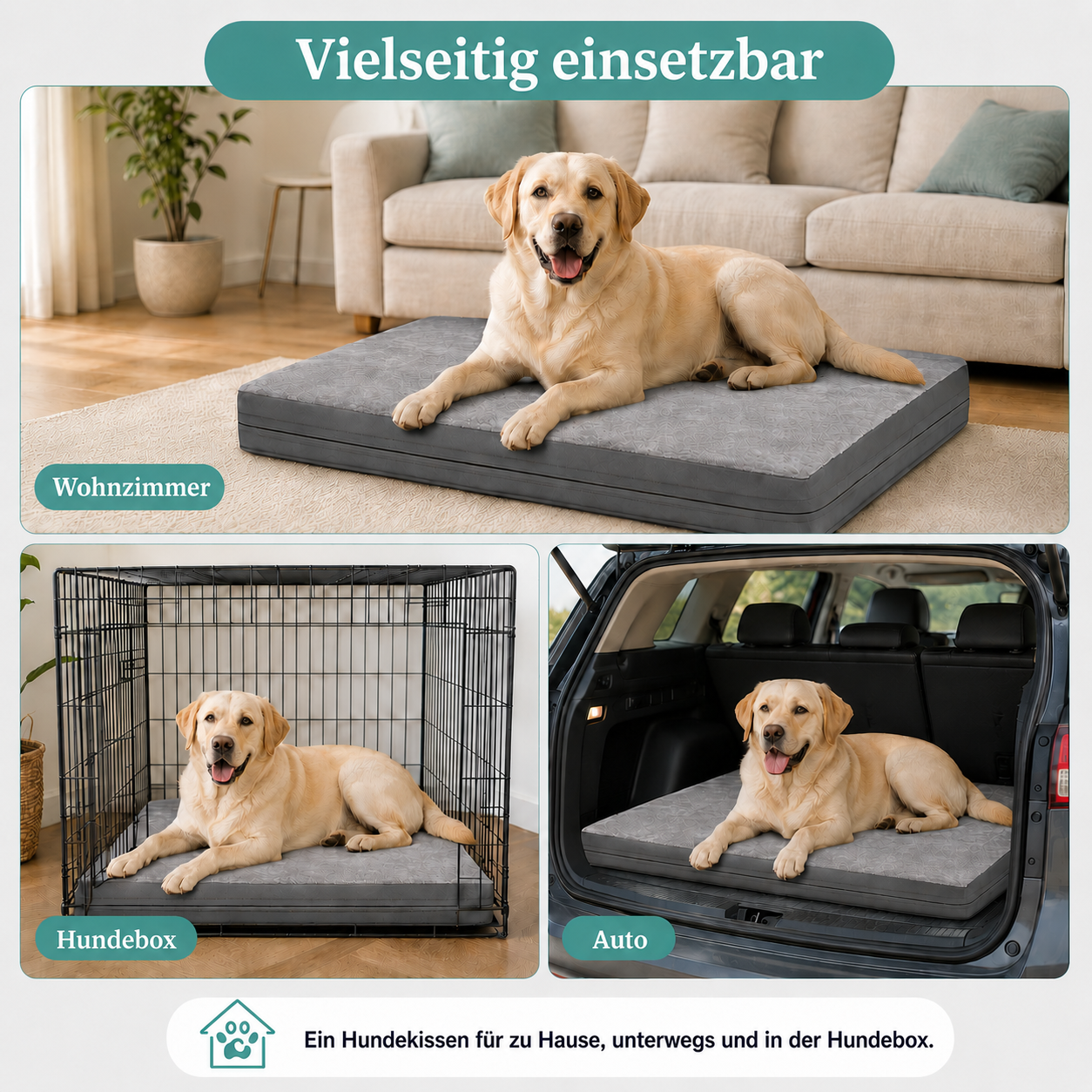Ein Hund liegt auf einem grauen Kissen im Wohnzimmer, in einer Hundebox und im Auto.
