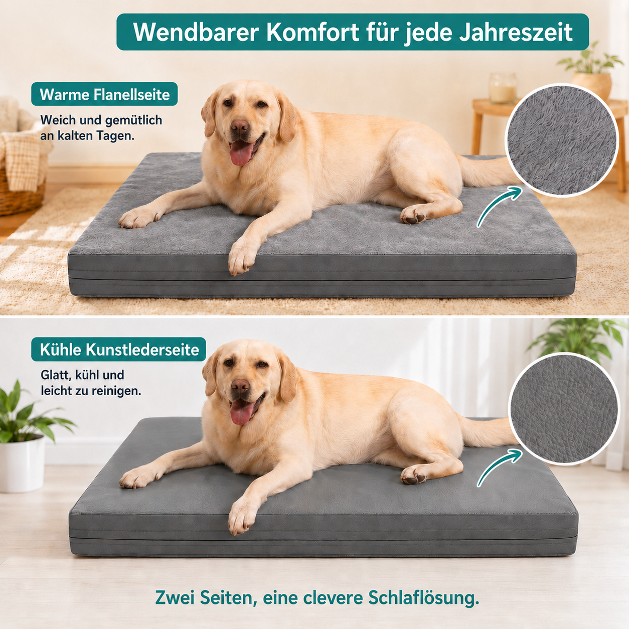 Ein Hund liegt auf einem wendbaren Hundebett mit Flanell- und Kunstlederseite.