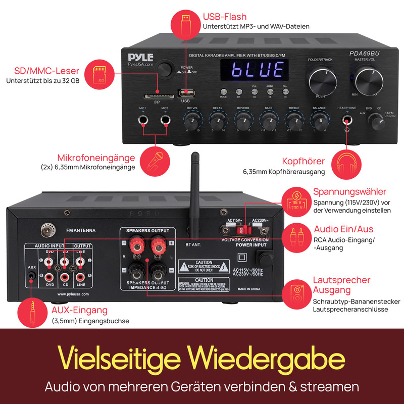 Ein schwarzer Pyle Karaoke-Verstärker mit Front- und Rückansichten, beschrifteten Anschlüssen.