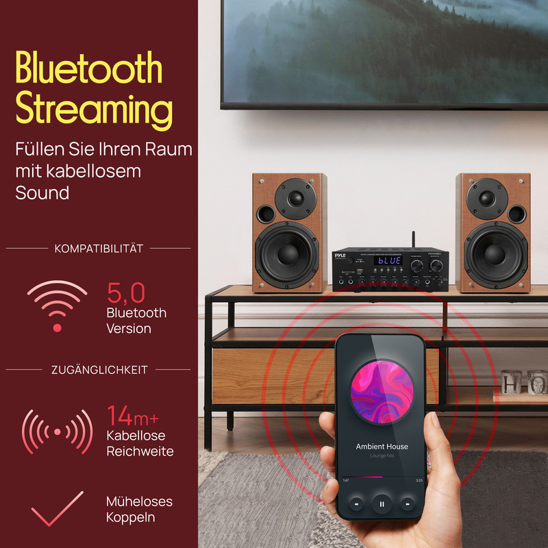 Ein Smartphone steuert einen Bluetooth-Verstärker mit Lautsprechern, mit Text über Bluetooth-Streaming.