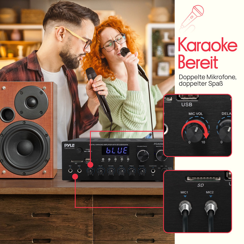 Ein Mann und eine Frau singen mit Mikrofonen in einem Raum. Ein Verstärker steht daneben.