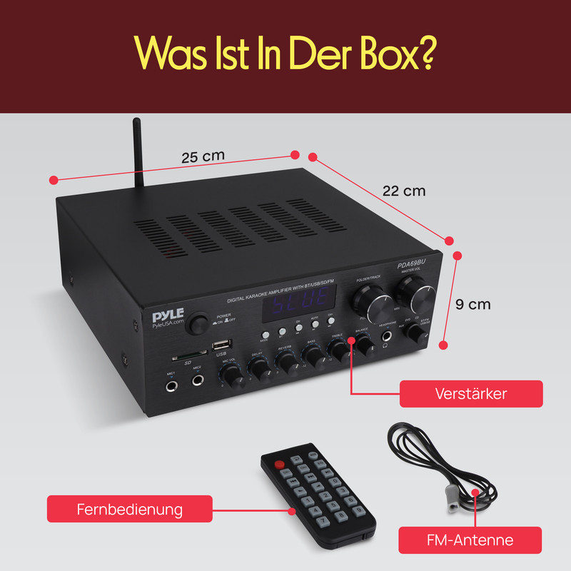 Schwarzer Karaoke-Verstärker mit Fernbedienung, Antenne und Maßen.