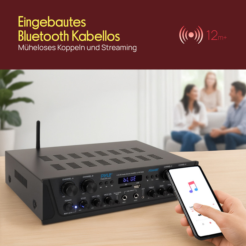 Ein schwarzer Verstärker mit Bluetooth und einem Smartphone, das Musik wiedergibt.