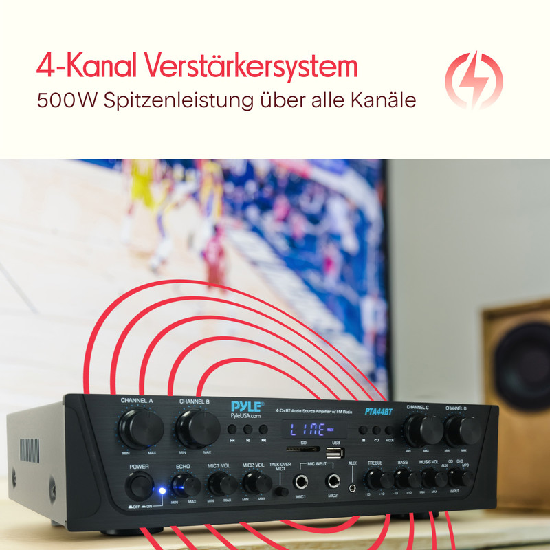 Ein schwarzer 4-Kanal-Verstärker mit Reglern und Anschlüssen.