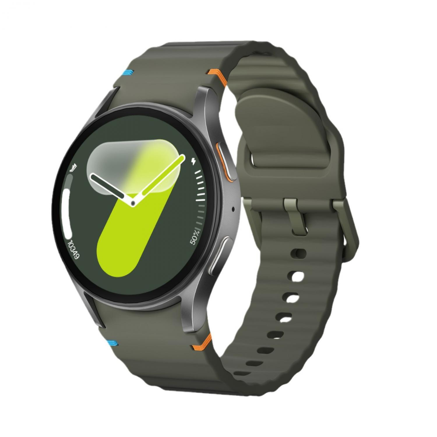 Eine grüne Smartwatch mit silbernem Gehäuse und einem großen Zifferblatt.