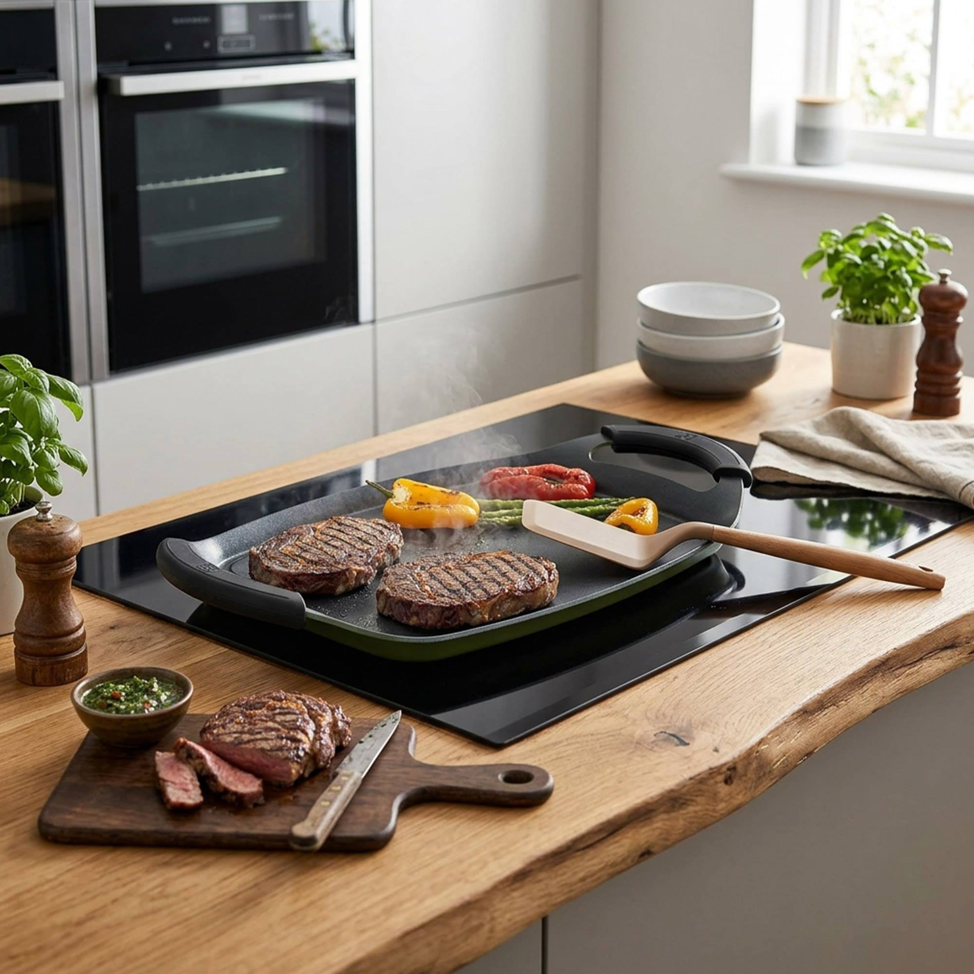 Filetes y verduras cocinándose en una parrilla eléctrica en una cocina moderna.