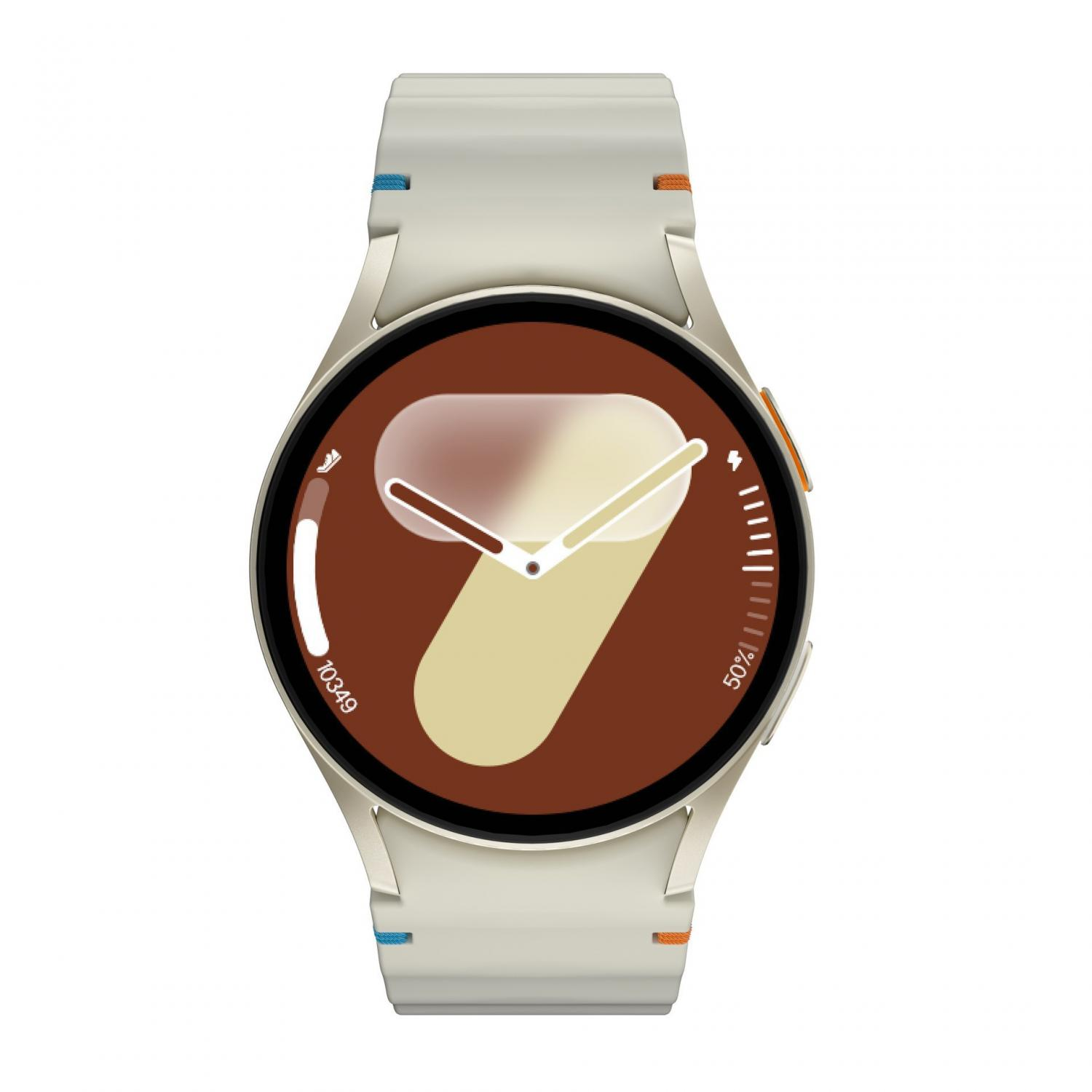 Eine cremefarbene Smartwatch mit braun-cremefarbenem Zifferblatt, 50% Akku.