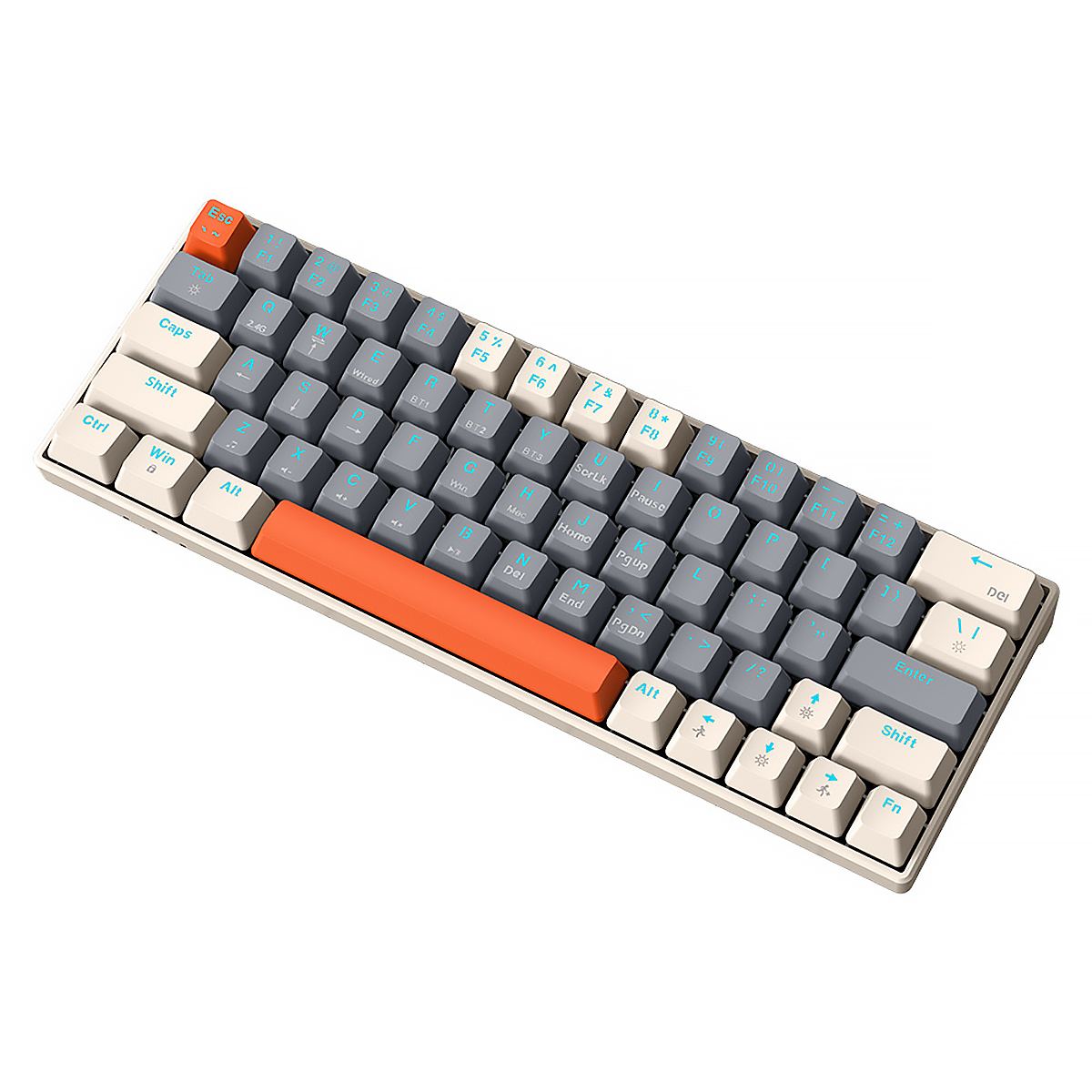 Eine kompakte Tastatur mit grauen, weißen und orangen Tasten auf einem beigefarbenen Gehäuse.