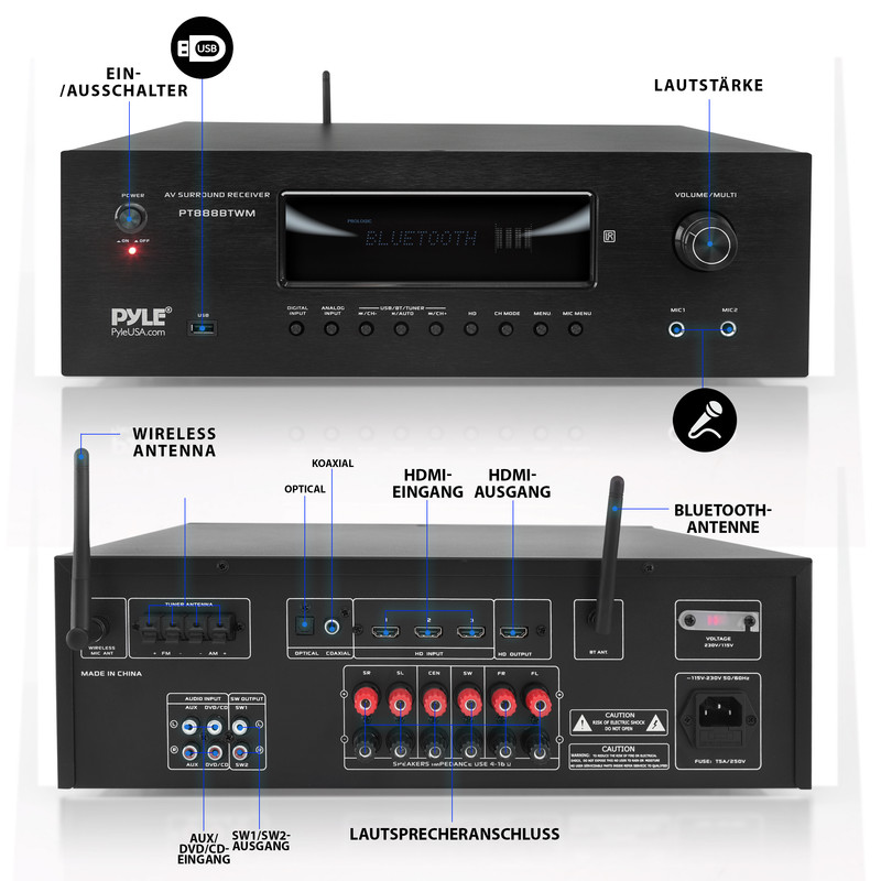 Schwarz AV-Receiver mit Front- und Rückansicht, beschrifteten Anschlüssen und Bedienelementen.
