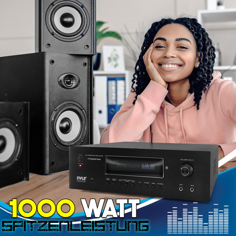Ein junges Lächeln, Lautsprecher und ein AV-Receiver mit 1000 Watt Spitzenleistung.