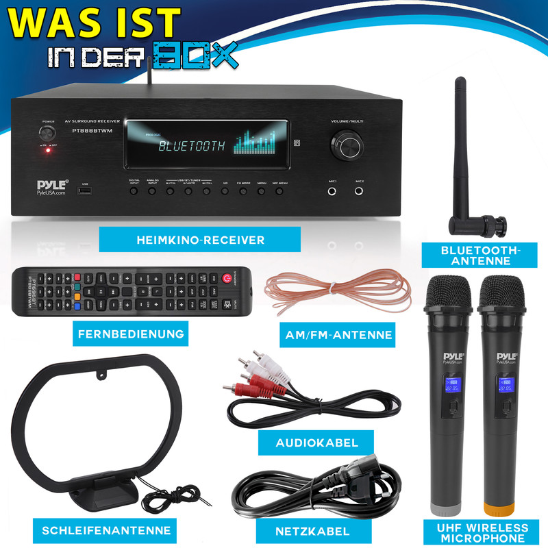 Heimkino-Receiver mit Mikrofonen, Fernbedienung und Kabeln.