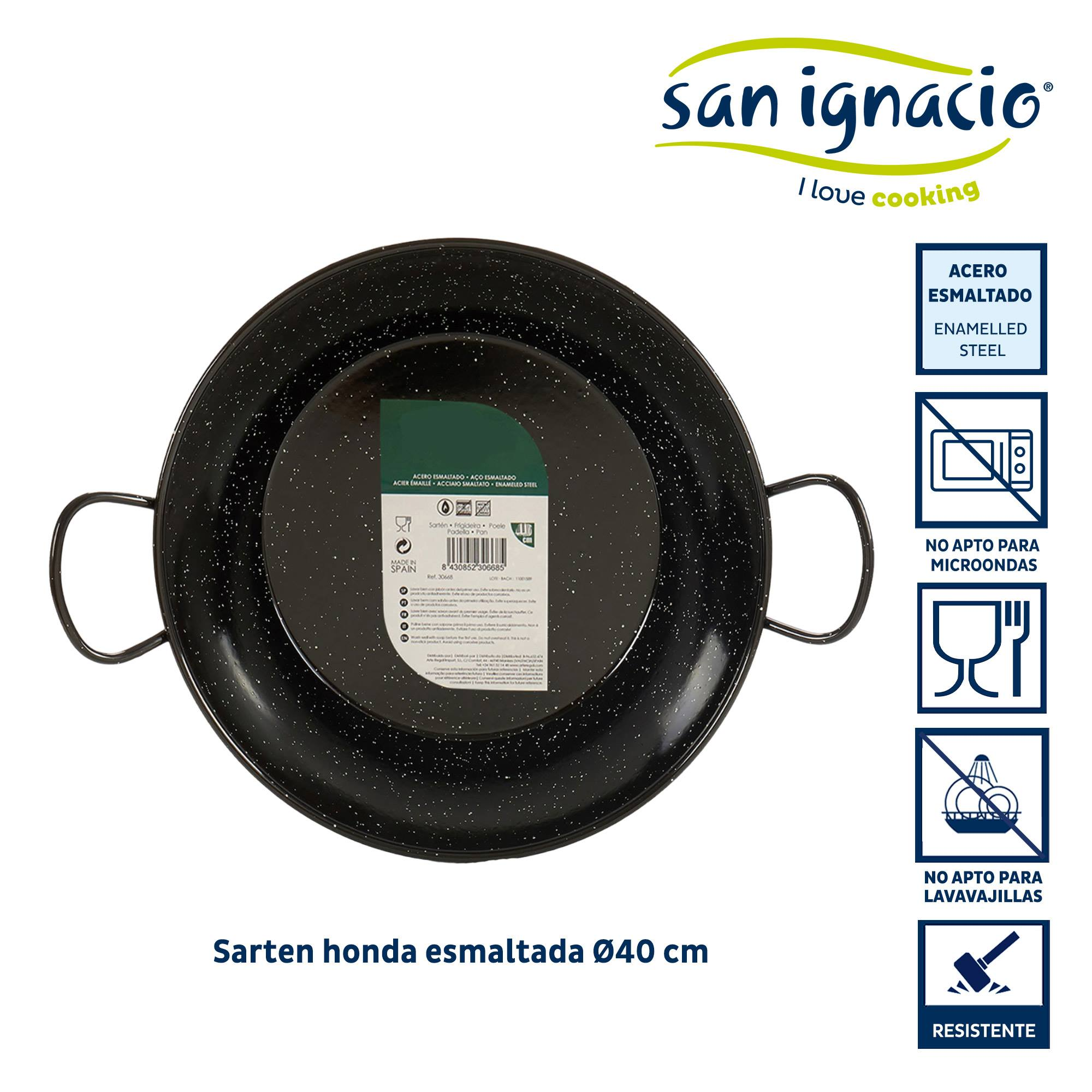 Paellera negra esmaltada salpicada con dos asas, 40 cm de diámetro.