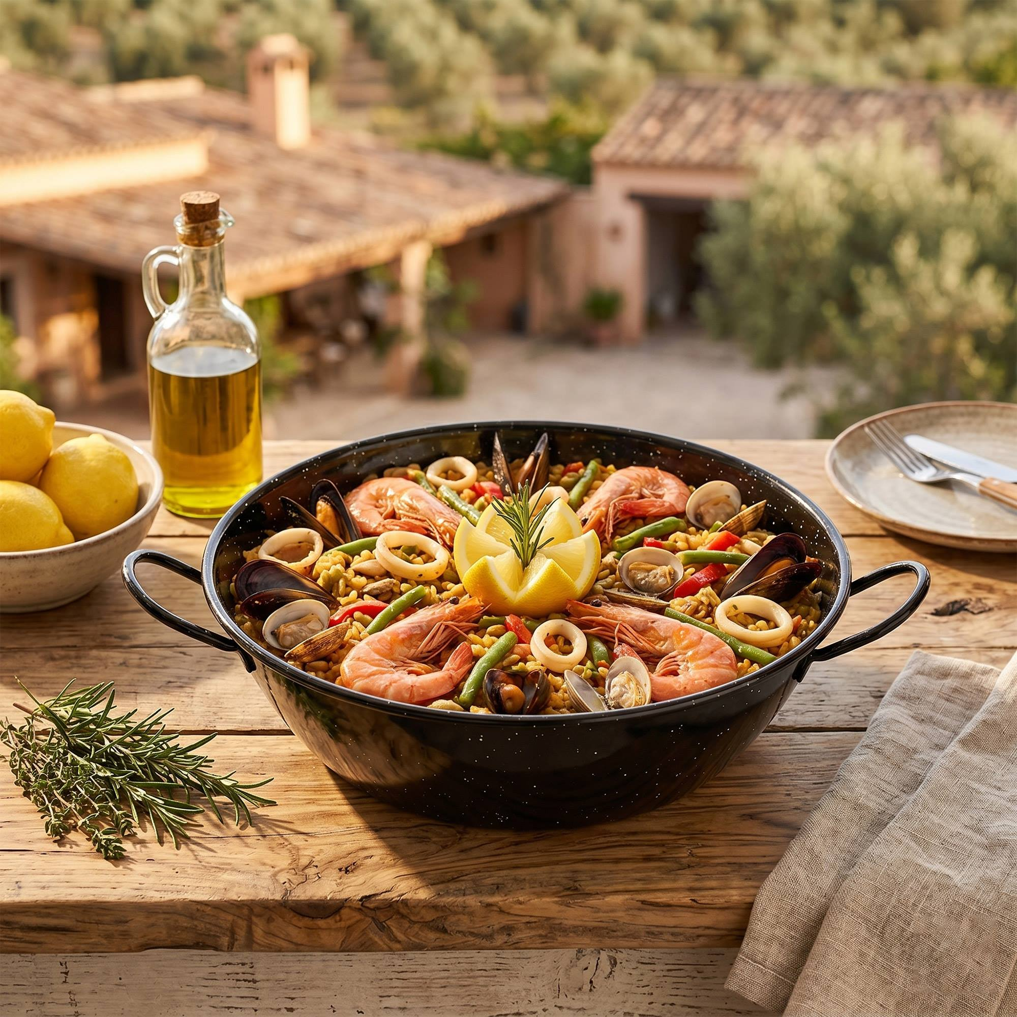 Paella con gambas, mejillones y anillas de calamar, adornada con limón, sobre mesa de madera.