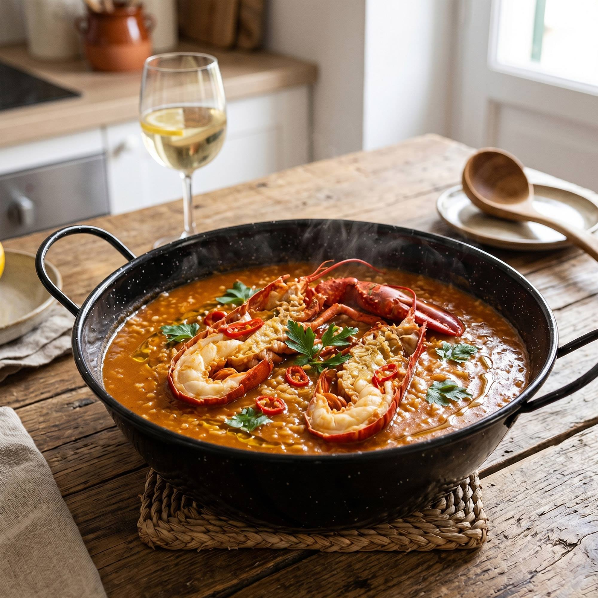 Un arroz con marisco en paellera con perejil y guindilla. Un vaso de vino blanco al lado.