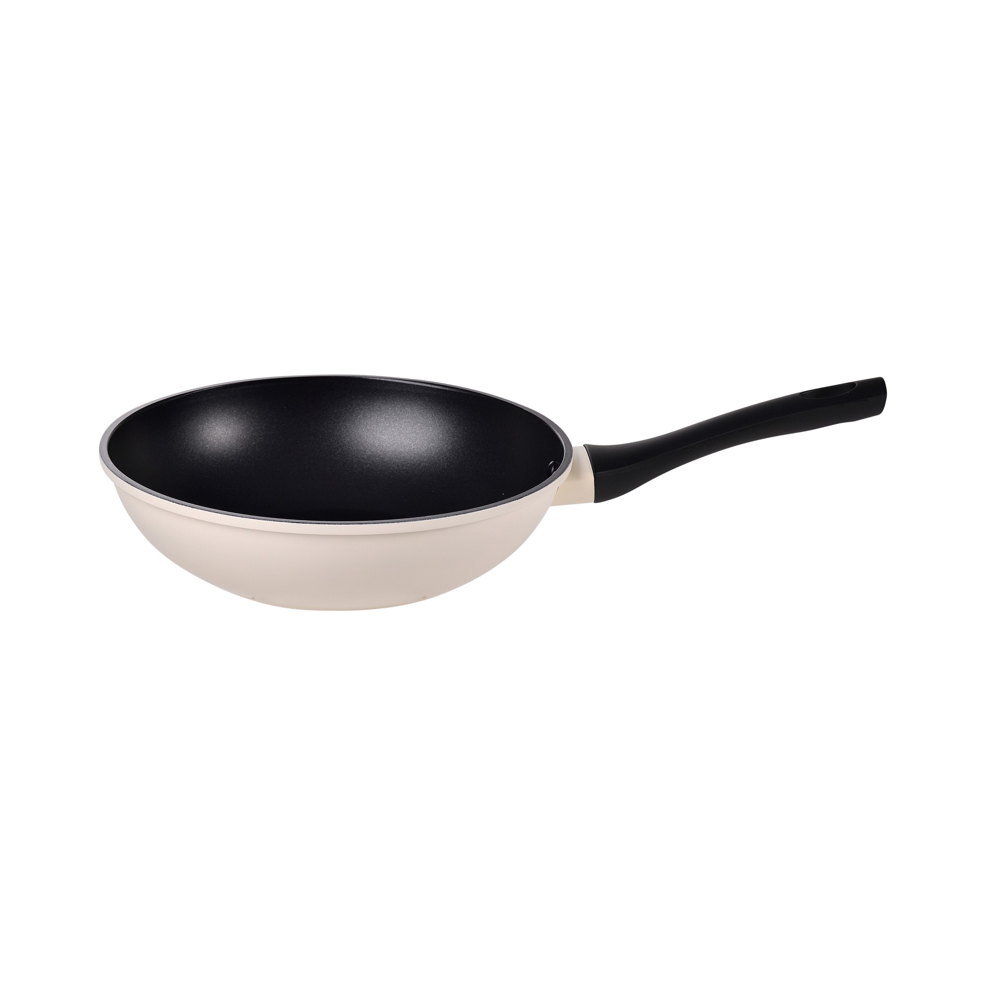 Un wok de color crema con mango negro, aislado sobre fondo blanco.