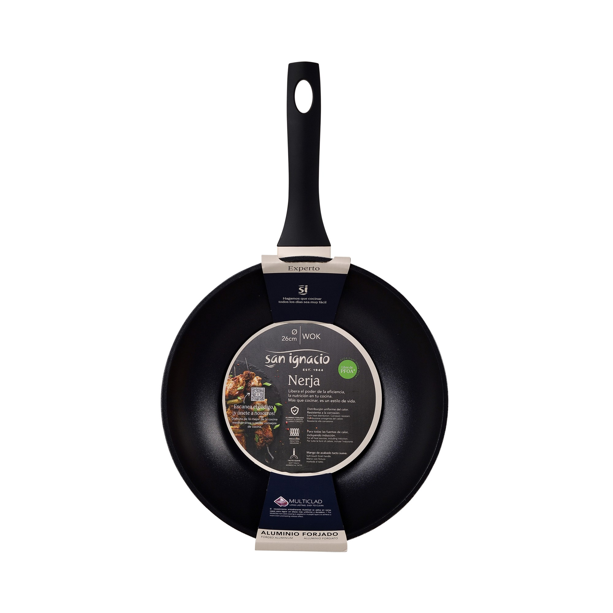 Wok negro de 26cm con mango negro e información del producto.