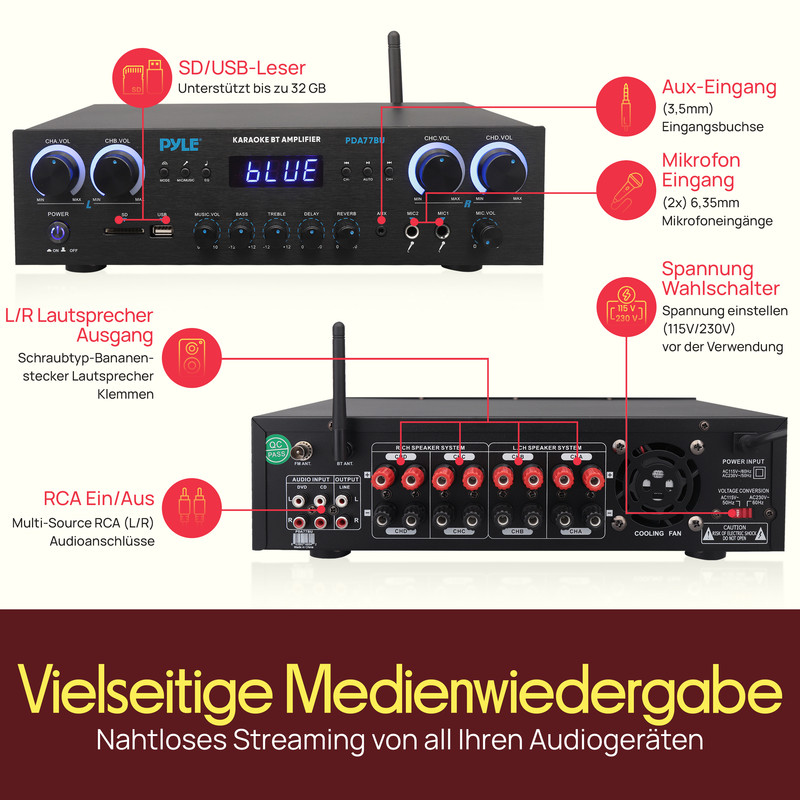 Karaoke-Verstärker mit Anschlüssen: SD/USB, Aux, Mikrofon, Lautsprecher, RCA und Spannungsregler.