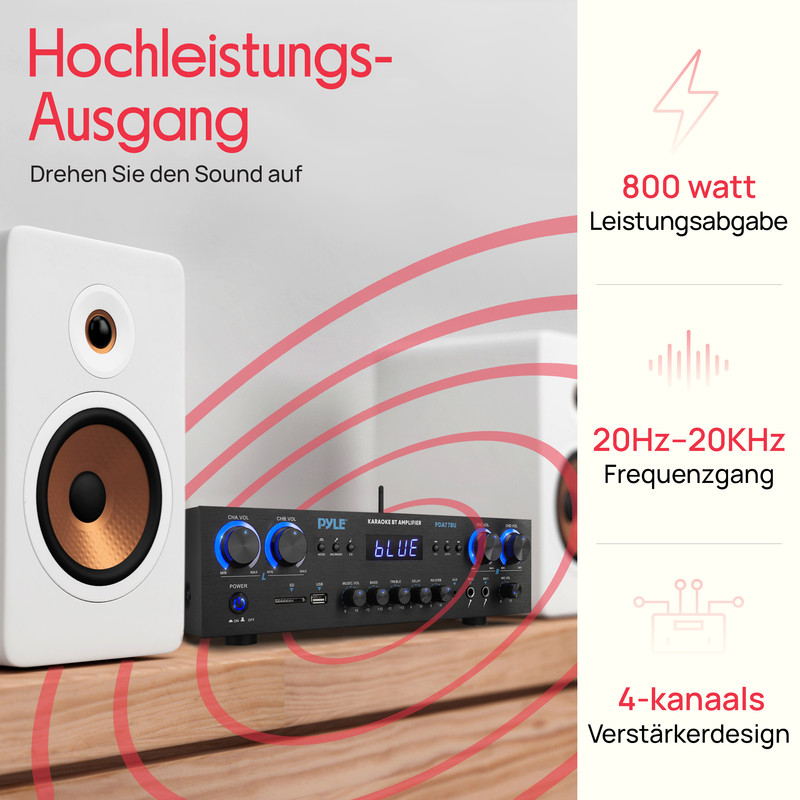Ein weißer Lautsprecher und ein schwarzer Verstärker mit blauen Lichtern auf einem Holztisch.
