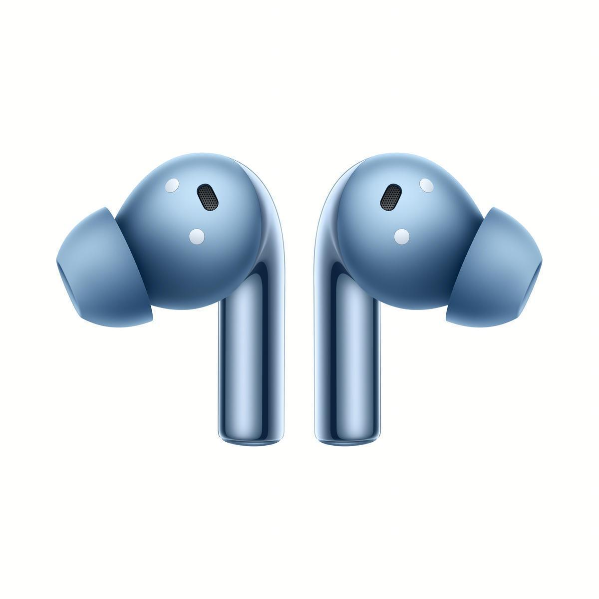 Dos auriculares inalámbricos azules con puntos blancos y detalle de malla.
