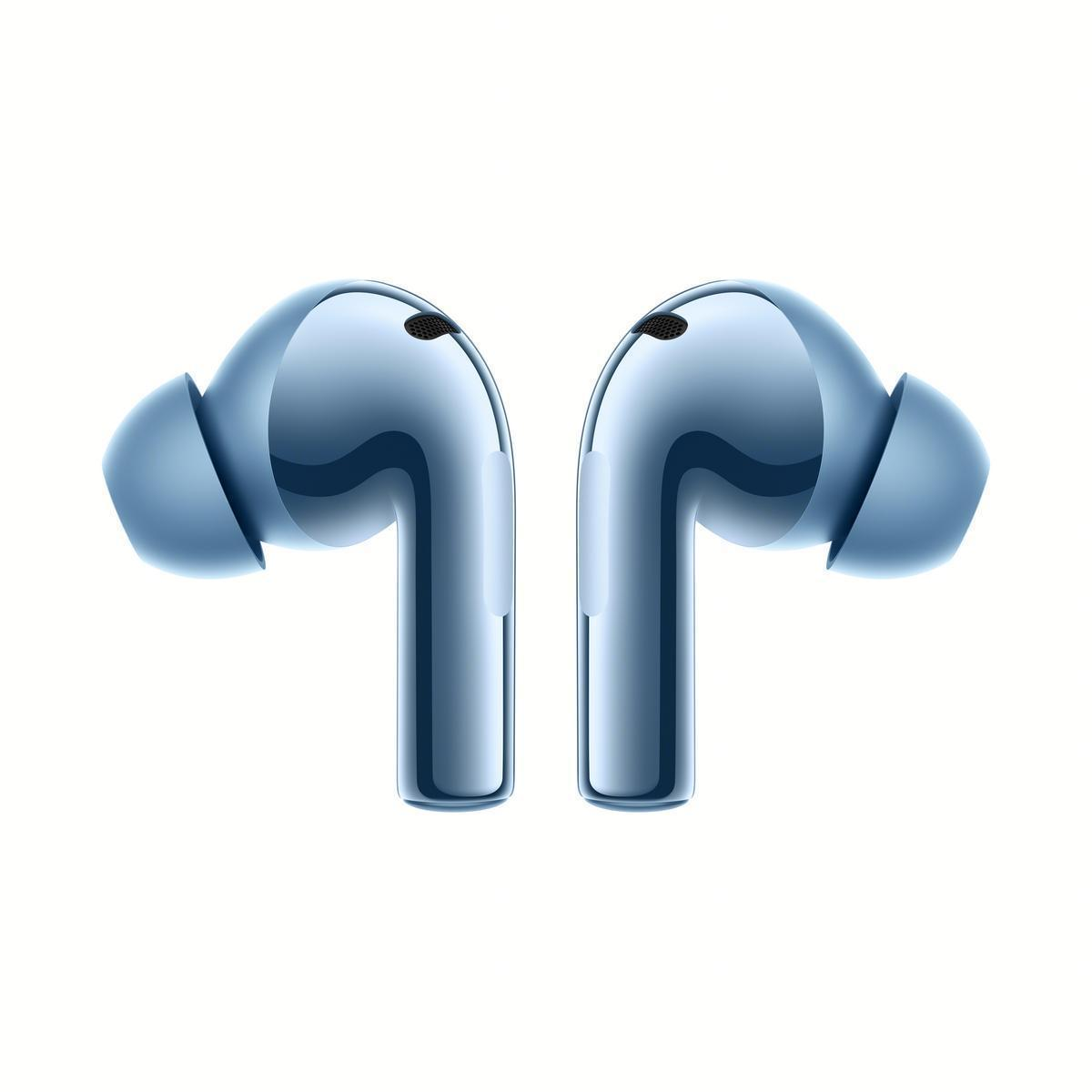 Dos auriculares inalámbricos azules uno al lado del otro sobre fondo blanco.