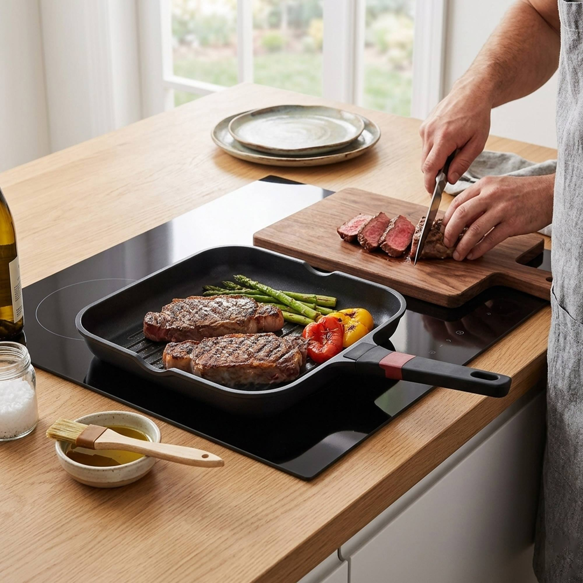 Hombre cortando filete en tabla junto a sartén con filetes, espárragos, pimientos.