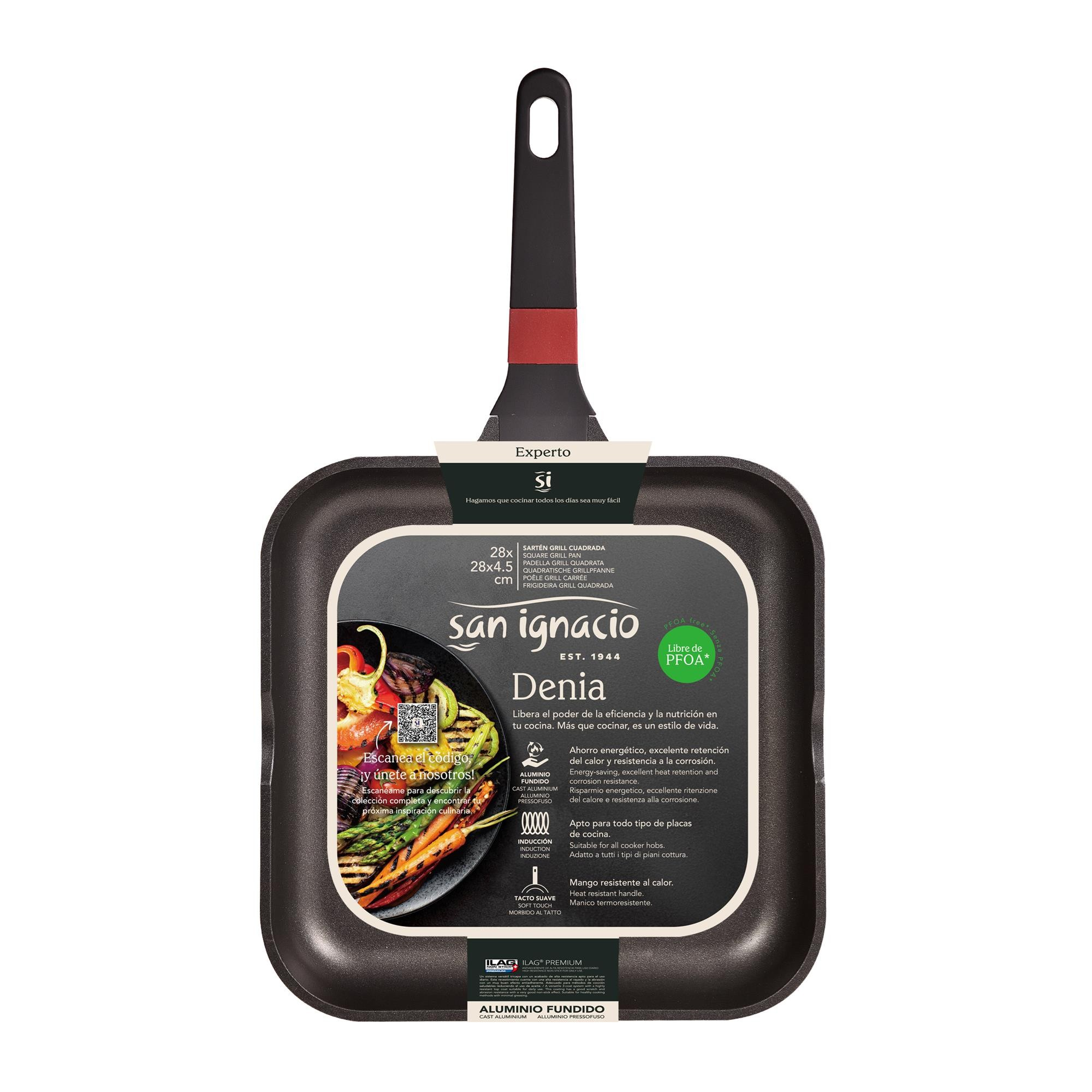 Una sartén grill cuadrada de San Ignacio con mango y una imagen de verduras a la parrilla.