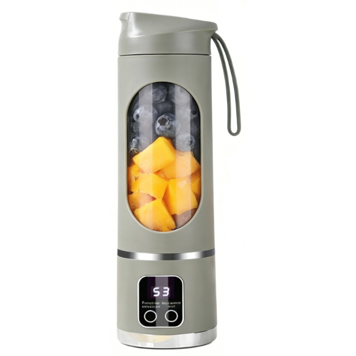 Grauer Mixer mit Mango- und Blaubeerstücken und digitaler Anzeige.
