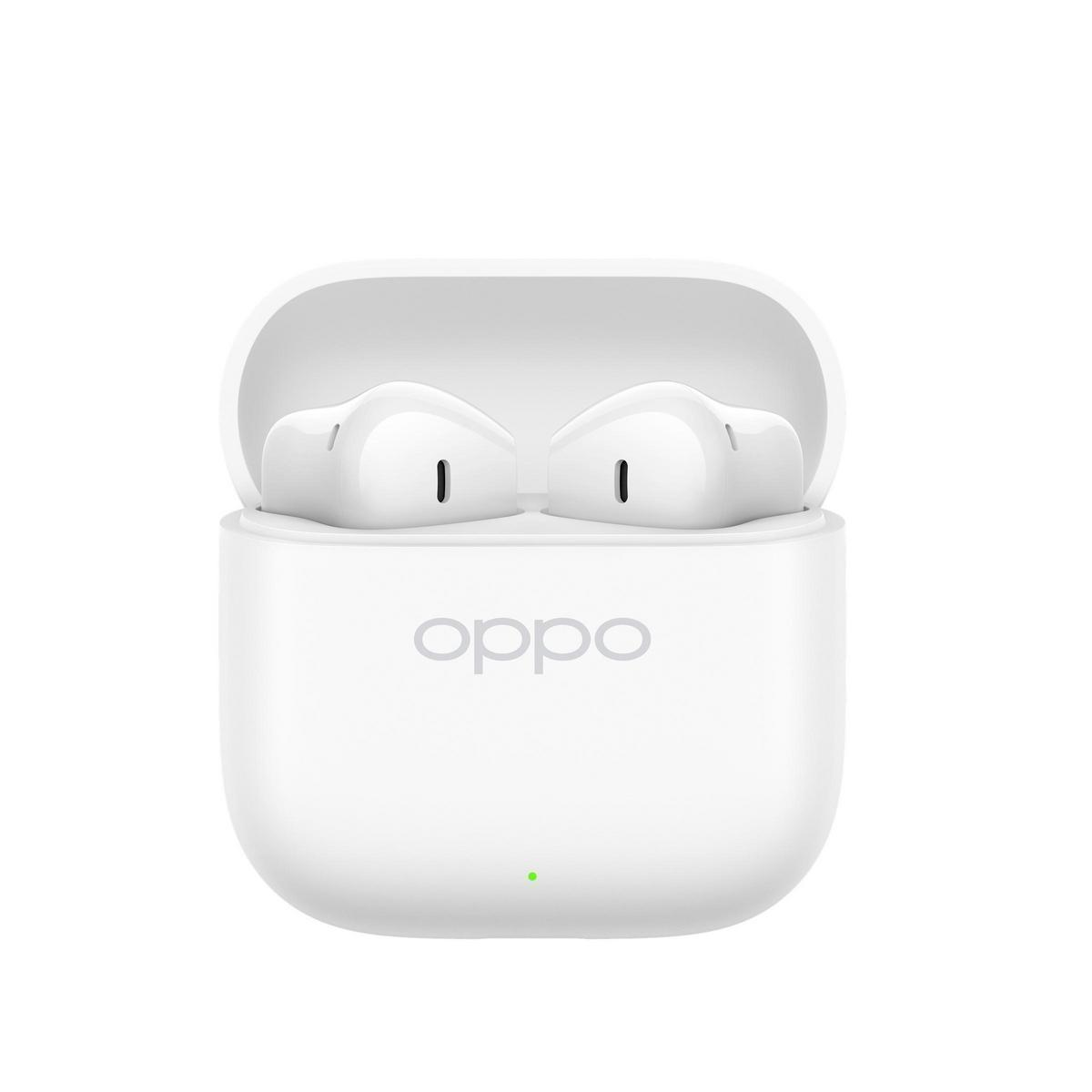 Auriculares Oppo blancos en un estuche de carga abierto con luz verde.