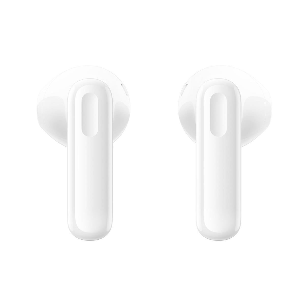 Dos auriculares inalámbricos blancos con vástagos, sobre fondo blanco.