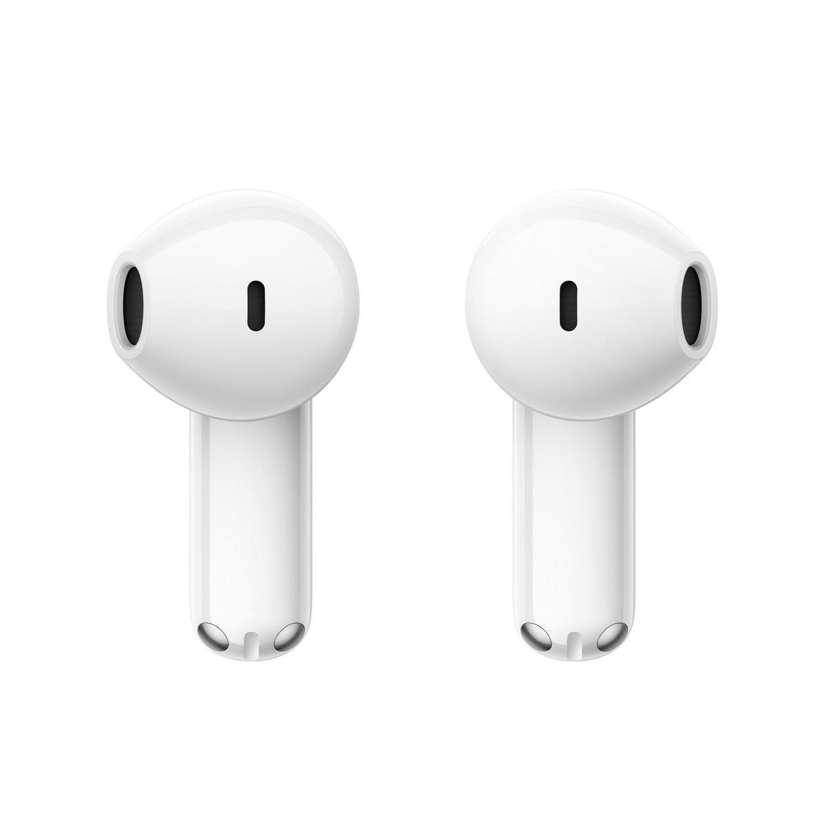 Dos auriculares inalámbricos blancos con detalles negros, sobre fondo blanco.
