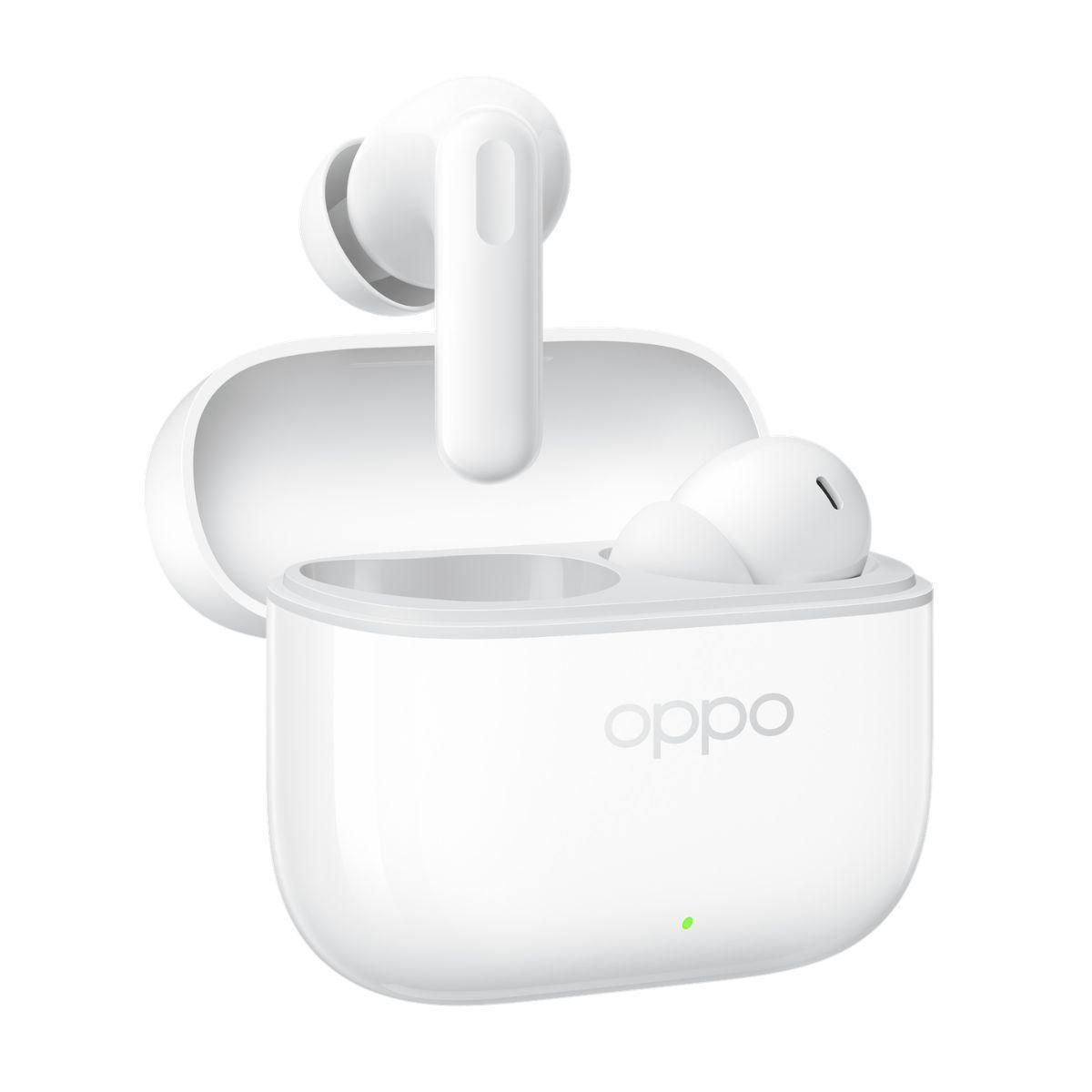 Auriculares OPPO blancos en un estuche de carga blanco con luz verde.