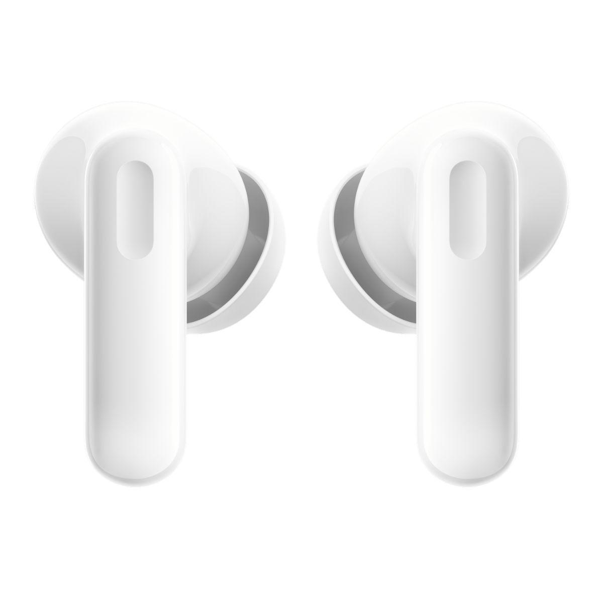 Dos auriculares inalámbricos blancos uno al lado del otro.