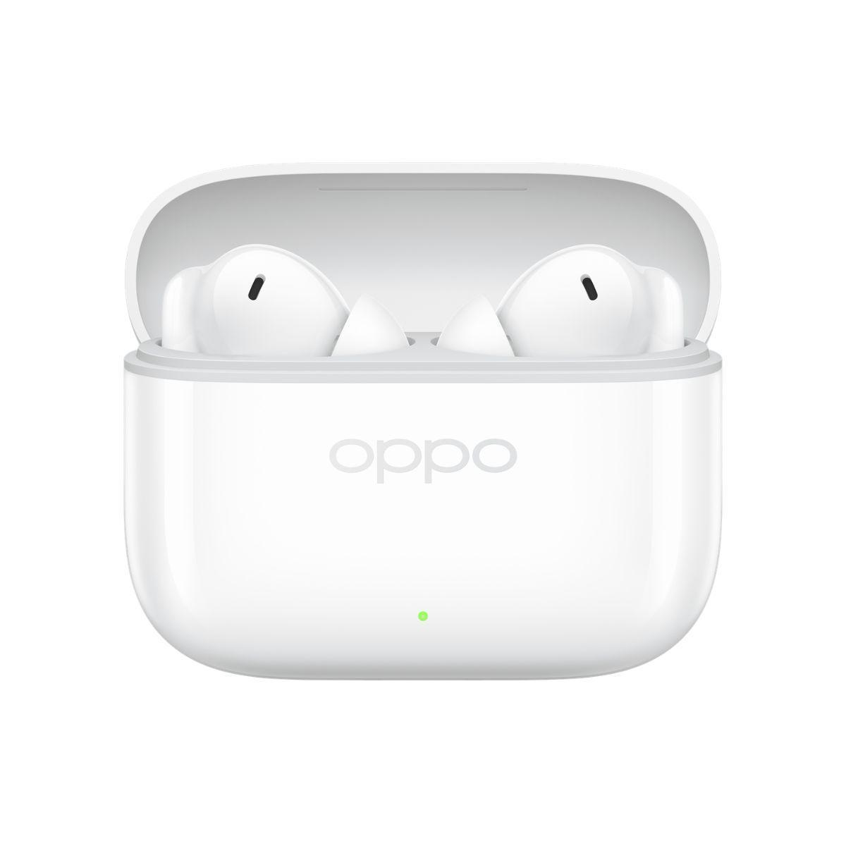 Auriculares OPPO blancos en un estuche de carga blanco con acento azul.