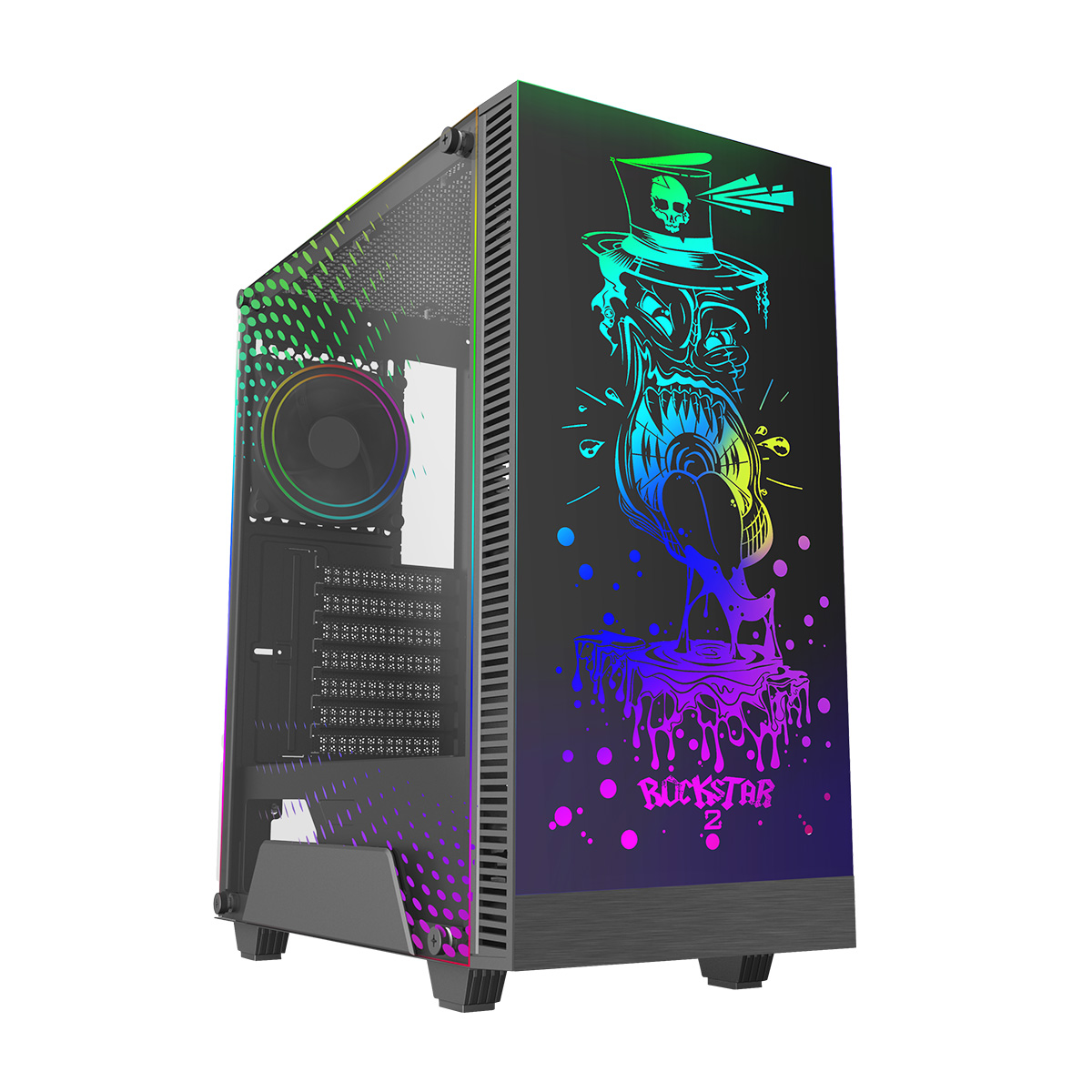 Ein schwarzes PC-Gehäuse mit einem Totenkopf-Design in Neonfarben und einem Lüfter mit RGB-Beleuchtung.