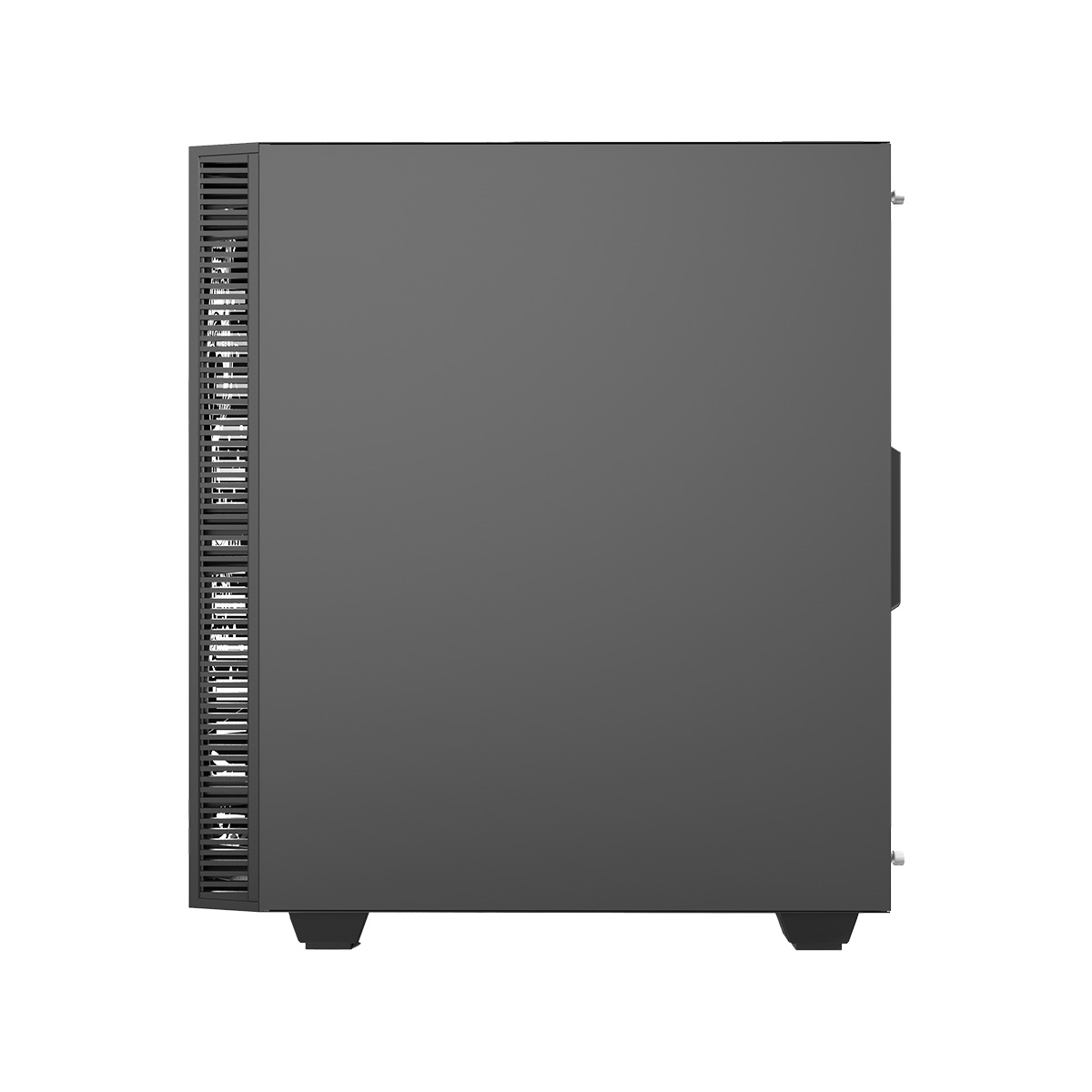 Ein dunkler Computergehäuse mit Lüftungsschlitzen an der Seite und Füßen.