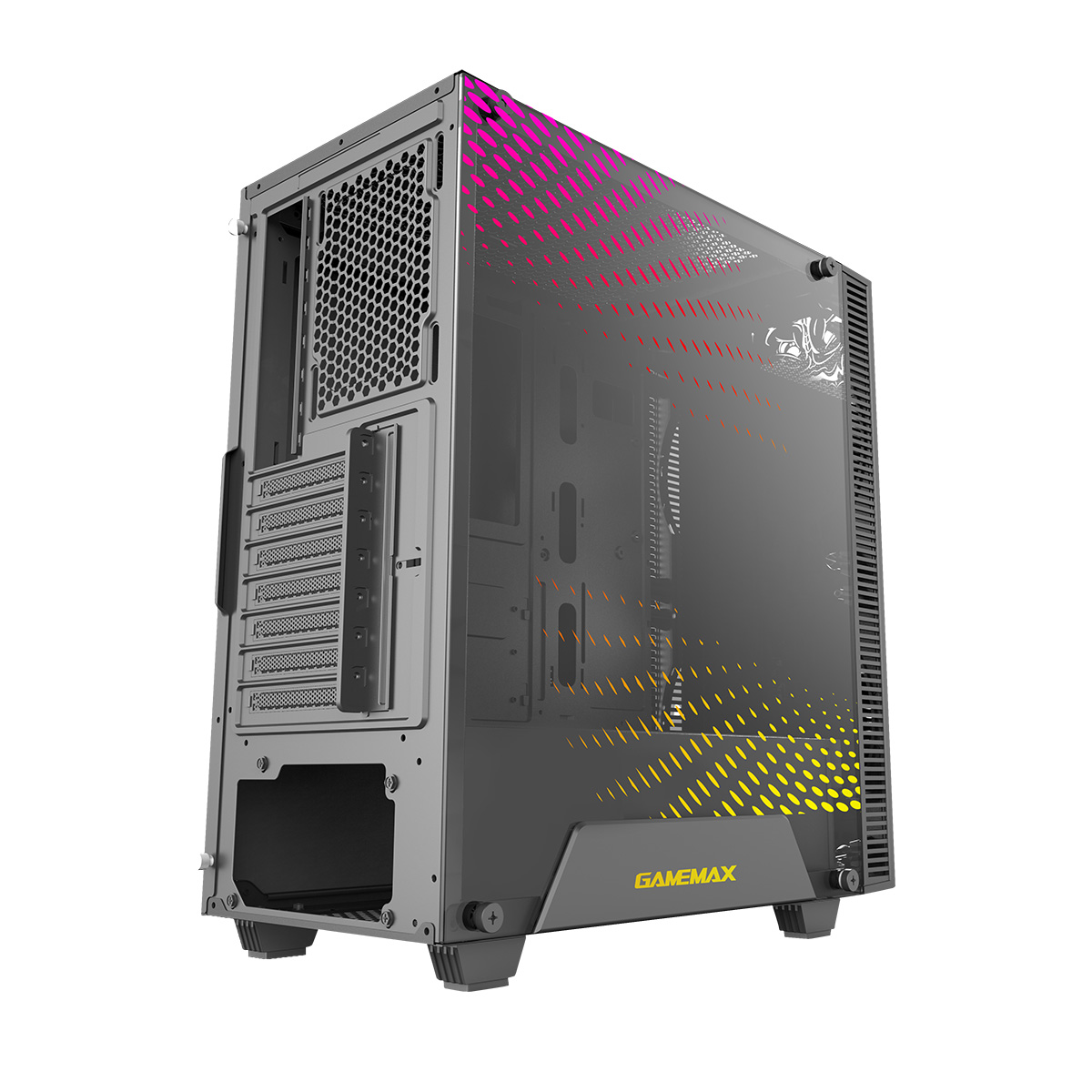 Ein schwarzes PC-Gehäuse mit Glasfenster und bunten Akzenten.