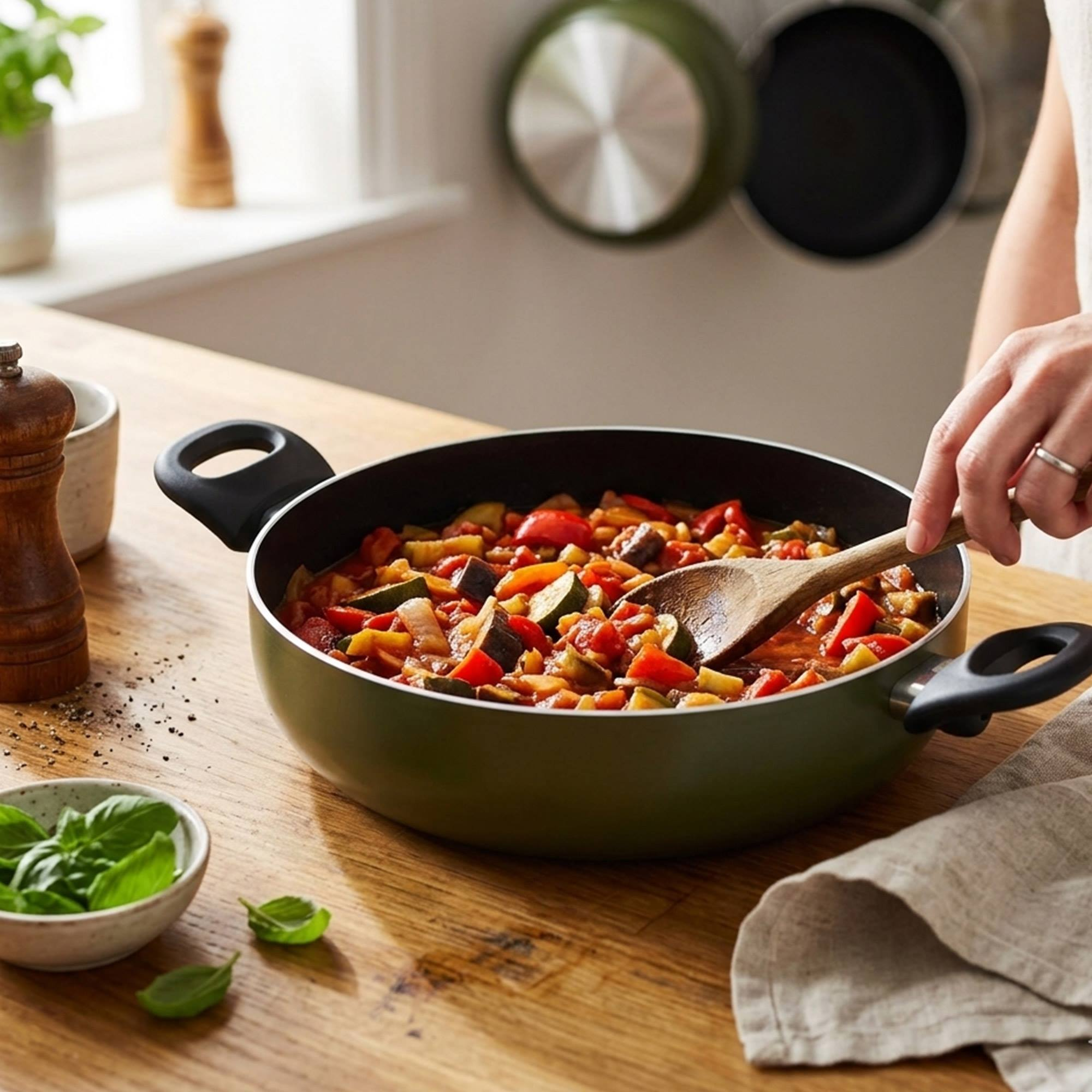 Olla de ratatouille con tomates, calabacín y berenjena siendo removida.