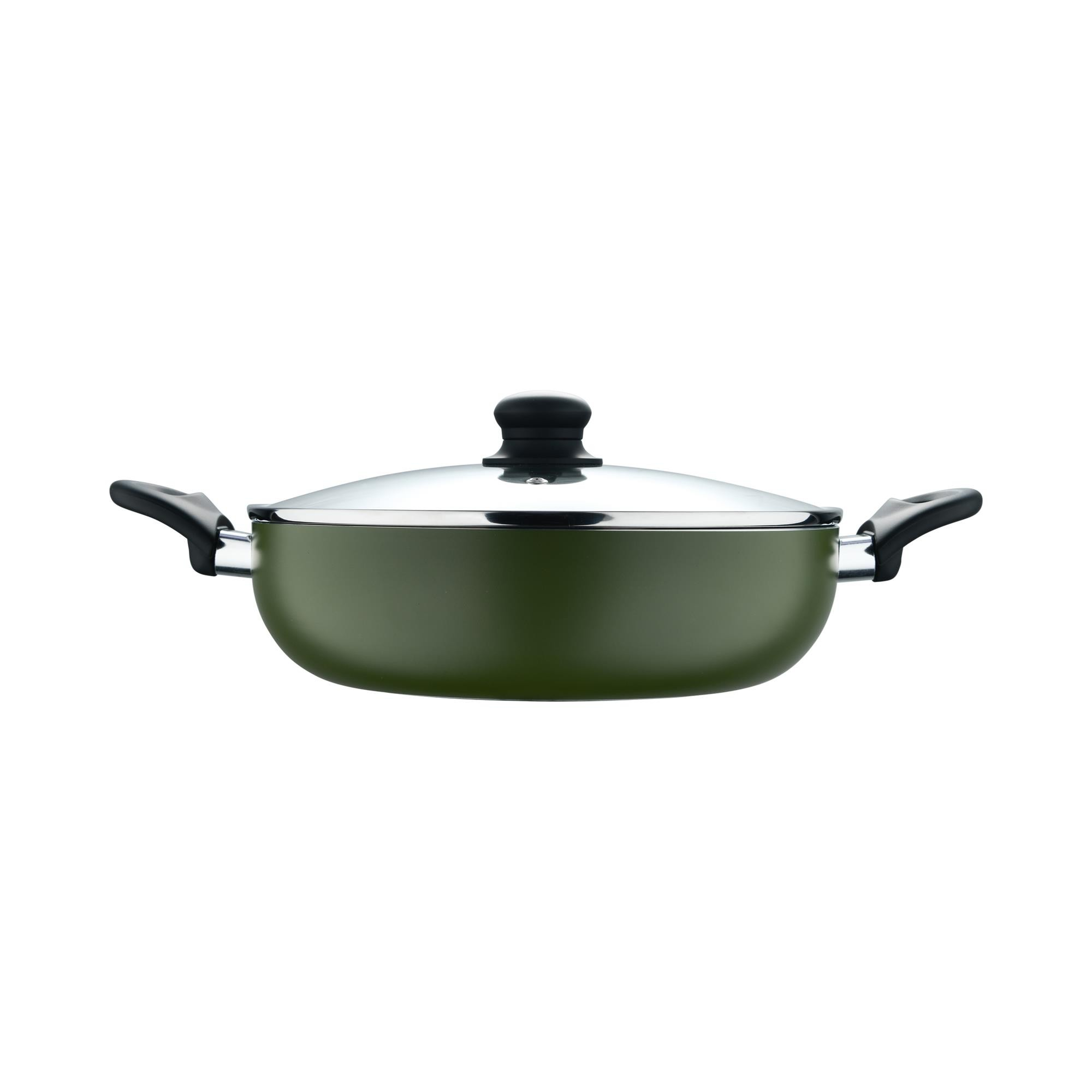 Olla de cocina verde con tapa y asas negras sobre fondo blanco.