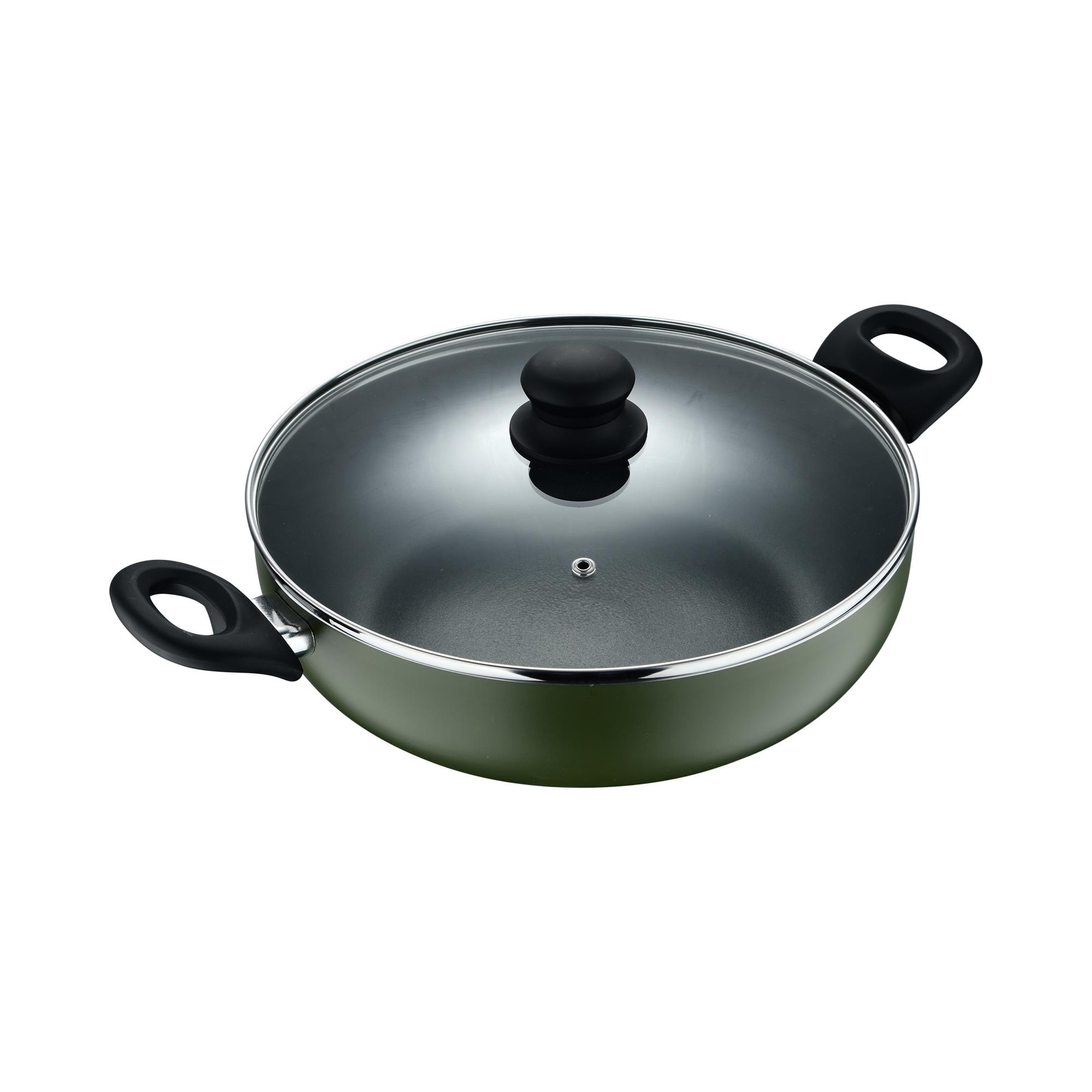 Olla verde con tapa de cristal y asas negras.