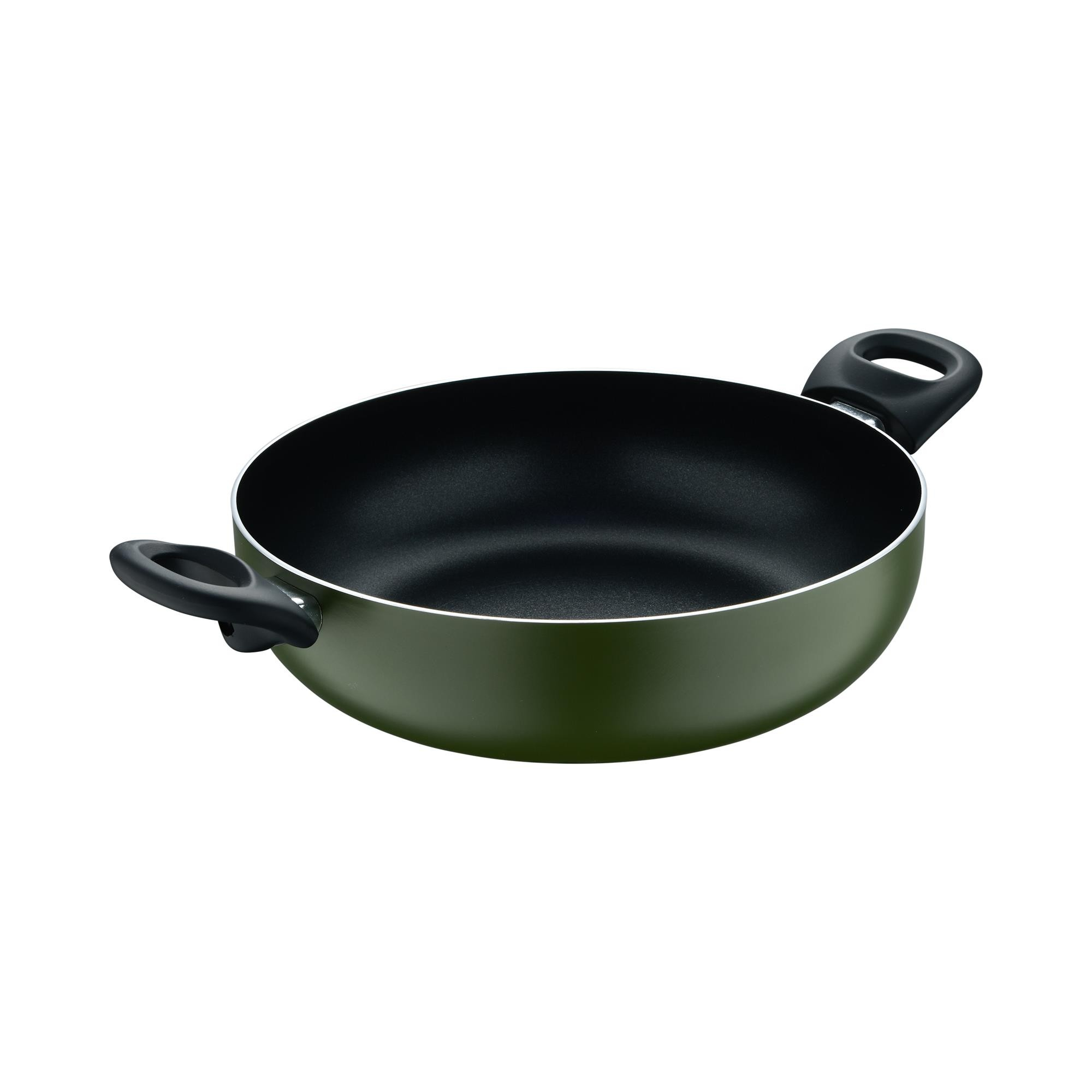 Olla verde con dos asas negras, interior con revestimiento negro.