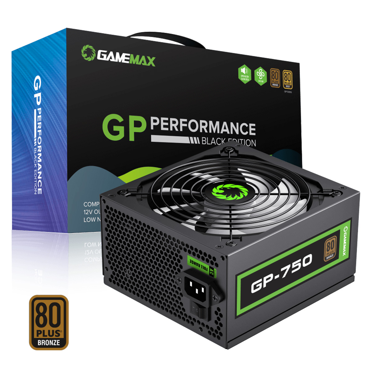 Schwarzes GameMax GP-750 Netzteil mit 80 PLUS Bronze-Zertifizierung und Karton.
