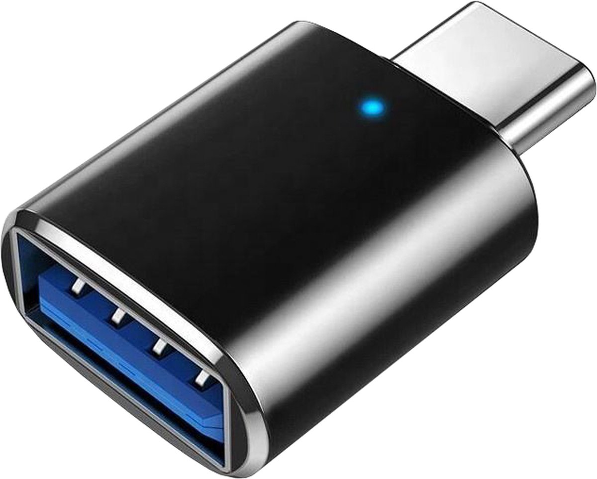 Schwarzer USB-C-Adapter mit blauem USB-A-Anschluss und Leuchtanzeige.