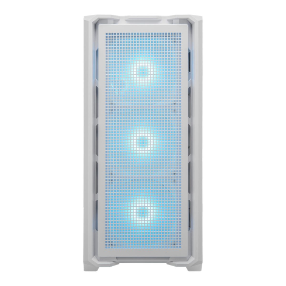 Ein weißes Computergehäuse mit drei blauen Lüftern im Gitter.