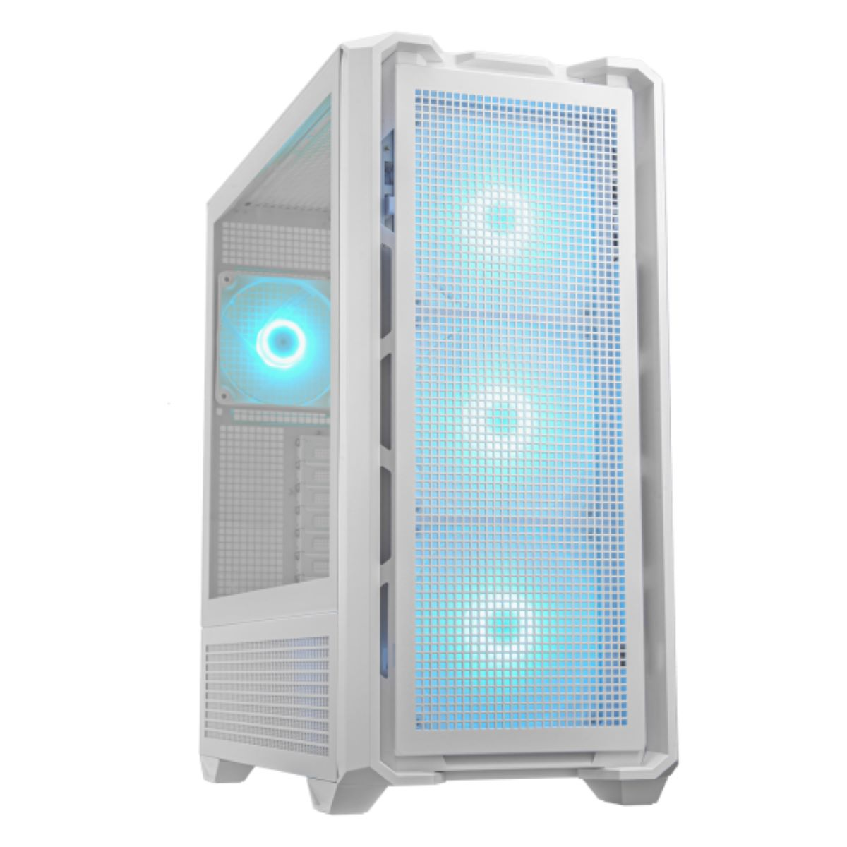 Ein weißes Computergehäuse mit blauen Lichtern und Lüftern.